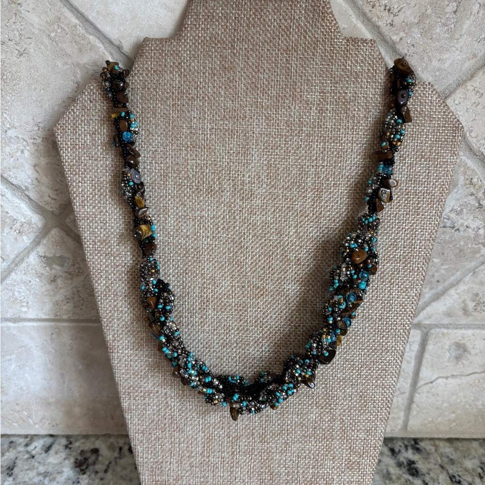 Hand-Made Beaded Necklace Blue Brown Stones And Beads